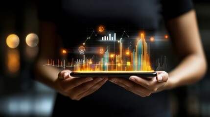 Data visualization action with tablet modern office infographic display digital environment close-up