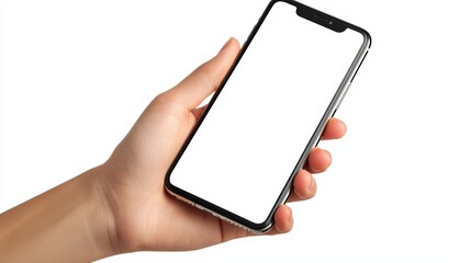 Hand holding smartphone in minimalistic setting digital technology showcase light background