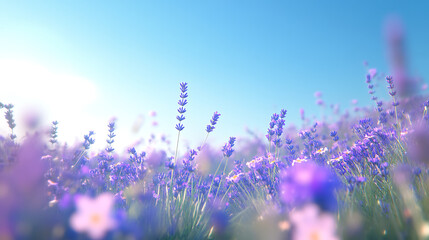 Naklejka premium Lavender Dreams: A serene field of lavender blooms basks in the warm glow of the morning sun, creating a picturesque scene of tranquility and beauty. 