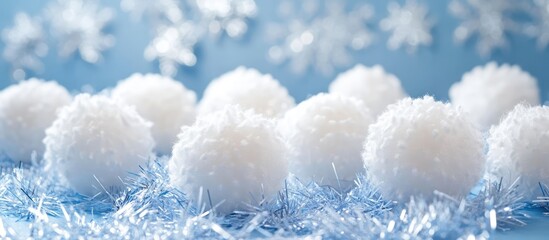 Fluffy white decorative balls with tinsel and snowflakes on a serene blue background ideal for winter holiday card designs.