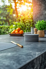 Beautiful outdoor kitchen setting with fresh fruits at sunset