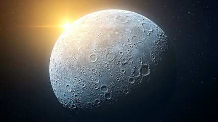 futuristic space station on the Moon with its silvery surface reflecting sunlight and the Earth...