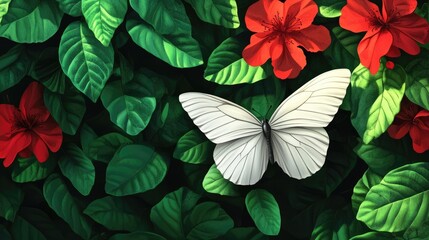 Obraz premium White butterfly perched on red flower surrounded by lush green leaves in a vibrant natural setting closeup shot.