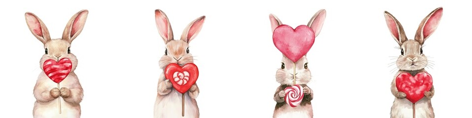 Obraz premium Four cute rabbits hold hearts and flowers, showcasing a playful and romantic theme, perfect for celebrations like Valentine's Day.