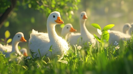 Obraz premium Herd of white geese grazing in a sunny green meadow with vibrant grass and delicate flowers showcasing nature's beauty and tranquility.