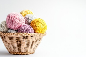 Colorful yarn balls in a wicker basket on white background.