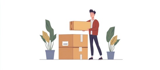 Parcel delivery service with a young man handling a package surrounded by potted plants on a clean white background