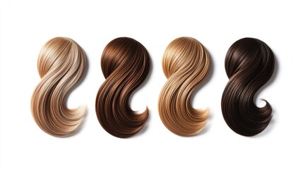 Fototapeta premium Hair extension swatches in six natural shades, from soft honey to deep coffee, arranged on a white background. Four circular samples represent each shade, including grey-brown, light chestnut,