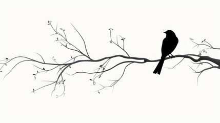 Silhouette of a bird on a branch with delicate twigs against a minimalist white background creating a serene nature scene