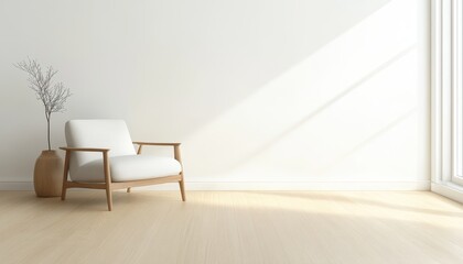 A white chair is sitting in front of a window