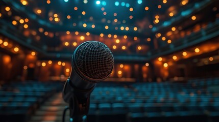 A person speaks into a microphone in an auditorium for a seminar or conference, sharing knowledge and ideas for professional growth.
