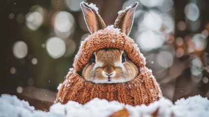 Naklejka premium Cozy bunny in a warm sweater on a snowy day. AI.