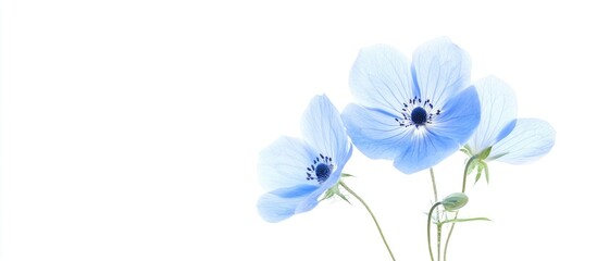 Three delicate blue nemophila flowers isolated on a clean white background showcasing their soft petals and vibrant color contrasts.