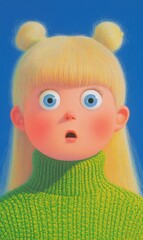 Fototapeta premium A surprised girl in a green sweater. AI.