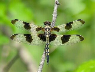 A dragonfly with striking black and yellow markings perches on a twig. AI.
