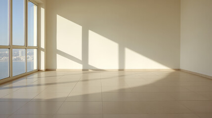 Empty modern room with large windows allowing natural light in during daylight hours