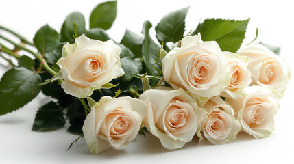 Obraz premium bouquet of white roses arranged beautifully with green leaves, symbolizing purity and love