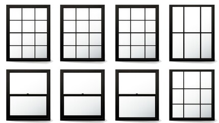 Black metal window frame collection showcasing various styles on a clean white backdrop ideal for design and architecture concepts