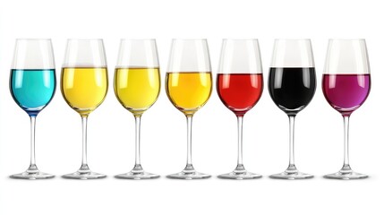 Diverse selection of wine glasses showcasing various wine colors against a neutral background ideal for beverage and dining themes