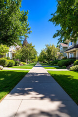 Peaceful suburban street lined with trees and homes under a clear blue sky