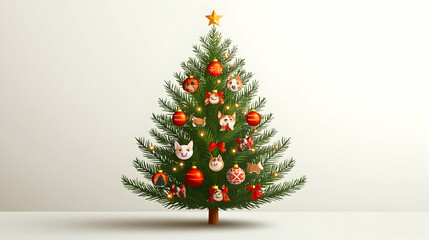 Festive Pet Christmas Tree Studio Shot, White Background, Holiday Card Design.