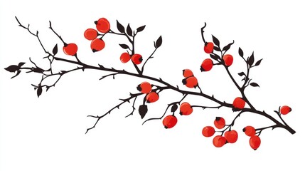 Silhouette of a brier rose branch with vibrant red rose hips against a clean white background in winter setting.