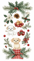 Festive Puppies Christmas Design Elements.