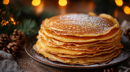 Stack of golden crepes dusted with sugar on a plate symbolizing abundance and prosperity in a traditional Chandeleur Candlemas celebration with warm tones and copy-space for festive messaging