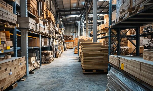 Vast Warehouse Inventory: Rows of Wooden Materials and Cardboard Boxes
