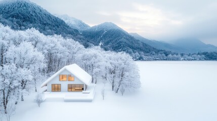 Modern house covered in snow near a frozen lake and mountains.