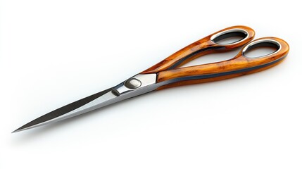 Obraz premium Metal scissors with wooden handles isolated on a clean white background for creative and professional design use.