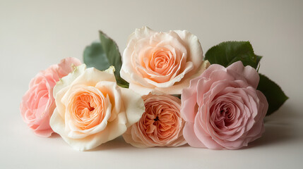 Fototapeta premium cluster of pastel roses in soft hues, showcasing delicate petals and lush greenery. Their beauty evokes sense of tranquility and elegance