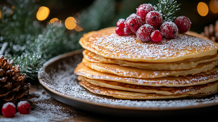 Stack of golden crepes dusted with sugar on a plate symbolizing abundance and prosperity in a traditional Chandeleur Candlemas celebration with warm tones and copy-space for festive messaging
