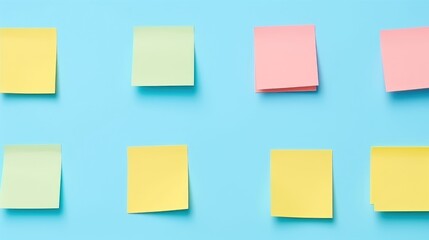 Colorful sticky notes on blue background for reminders and organization with blank spaces for messages and notes.