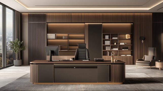 Photo of an empty modern office featuring a sleek desk, high-end computer setup, minimalistic decor, and a large bookshelf, softly lit by natural light.