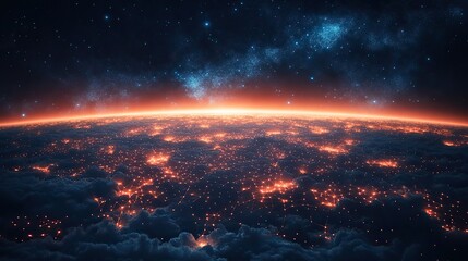 Naklejka premium A planet with internet networking lines, representing digital connectivity and future technology. The image symbolizes innovation, cybersecurity, and the vastness of cyberspace.