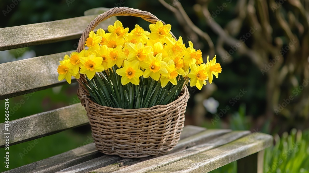 Aufkleber a cluster of yellow daffodils in a wicker basket on a wooden bench in a garden, top-down shot, sprin