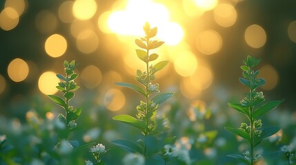 Obraz premium A plant grows in nature, surrounded by bokeh, representing sustainability, agriculture, and the importance of environmental care for food production.