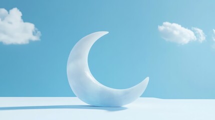 Half moon sculpture against a clear blue sky with soft clouds ideal for dreamy and whimsical design projects or backgrounds