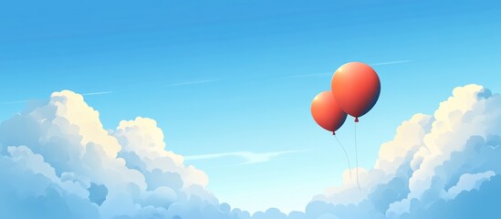 Obraz premium Two red balloons floating in a bright blue sky with fluffy white clouds creating a cheerful and uplifting atmosphere in the landscape.