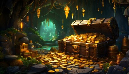 Growing gold and diamond treasure pile. Cartoon game assets of gems and coins stack, bag and old wooden chest full and overflowing