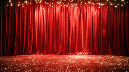 Red Velvet Stage: A dramatic, rich red velvet curtain set against a glittering stage floor, ready for a grand performance. Perfect for theatrical productions, award ceremonies.
