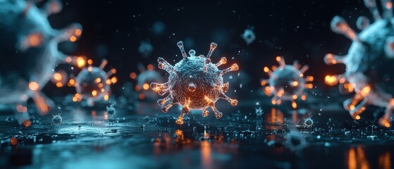 Norovirus outbreak concept and health themes, Dynamic 3D visualization of virus particles in a dark environment, highlighting intricate details and glowing features.