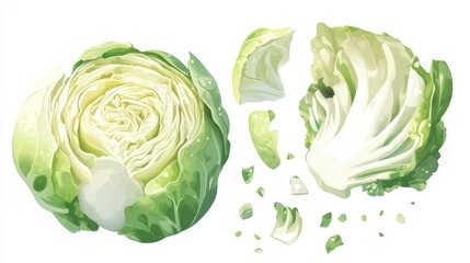 Fototapeta premium Fresh green cabbage halved showcasing detailed texture against a clean white background for culinary or gardening themed projects