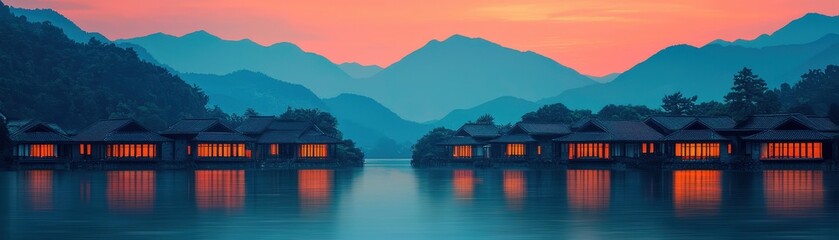 Naklejka premium Serene sunset over mountains with illuminated houses reflecting on the water.