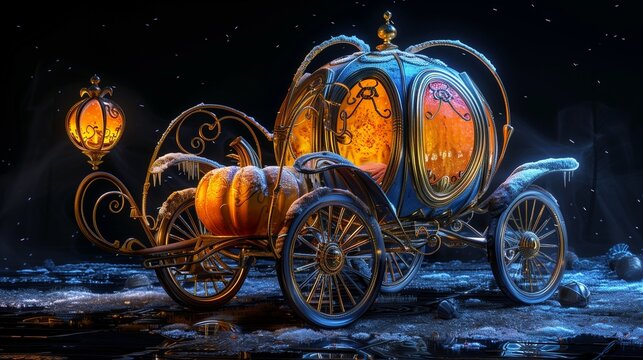 A 3d rendered illustration of a frozen fantasy carriage, a pumpkin carriage isolated on a black background
