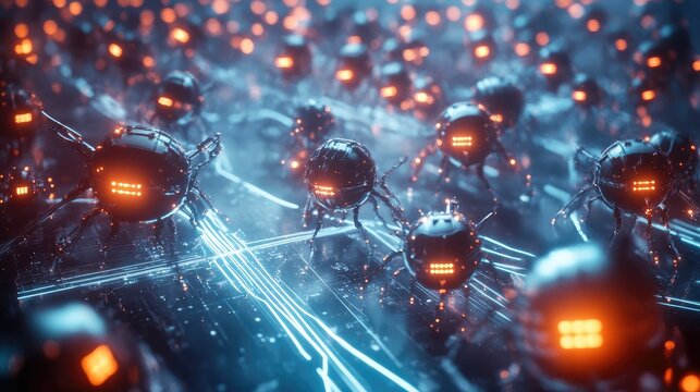 A futuristic scene showing a swarm of robots, each powered by advanced microchips communicating through glowing network pathways