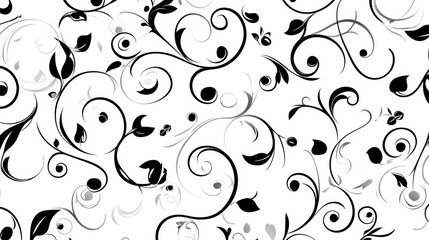 Black and white digital floral pattern featuring elegant swirls, scrolls, and leaves on a clean white background for modern design use.