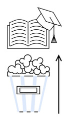Book with graduation cap popcorn upward arrow. Ideal for education, success, entertainment, growth, learning, achievement, goals Line metaphor