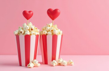 Banner: striped paper red and white cups with popcorn with a red heart topper. Empty space for text. Monochrome trendy pink delicate background. Preparation for Valentine's Day in the cinema
